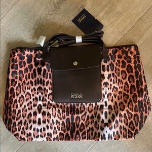 Cavalli Class Brown and Black Tote Bag with Structured Design